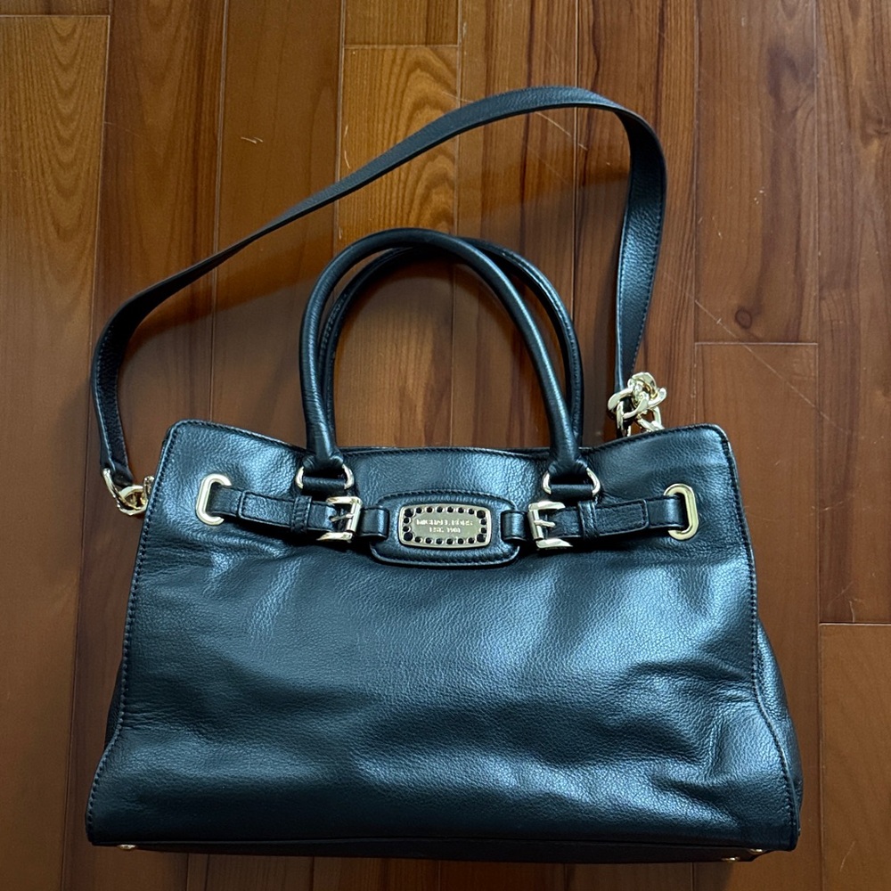 Michael Kors Black Leather Shoulder Bag with Gold Accents
